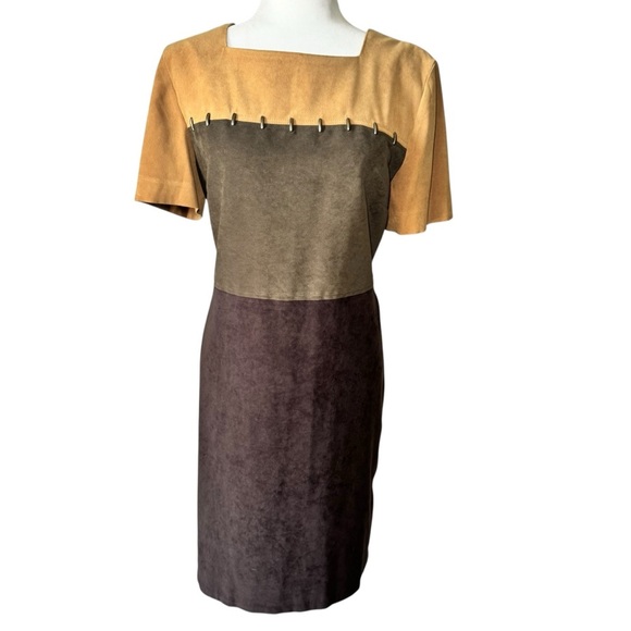 Sag Harbor Dresses & Skirts - Vintage Sag Harbor Colorblock Dress Brown Faux Suede Fall 90s Short Sleeve 10